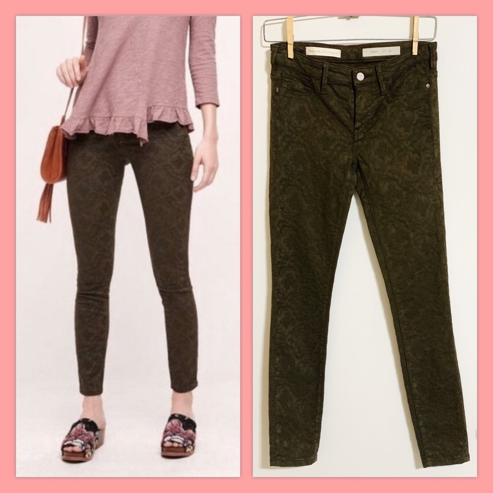 {Anthro} PILCRO Serif Olive Jacquard Jeggings 26